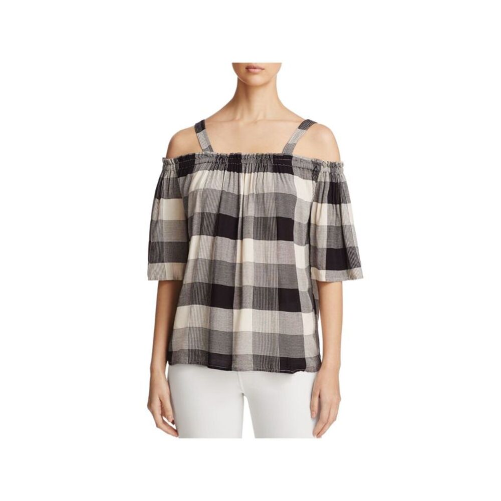 4OUR DREAMERS Womens Black Smocked Plaid Bell Sleeve Square Neck Peasant Top L